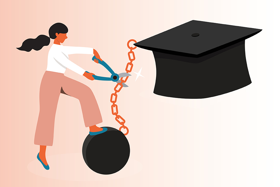 A woman cuts a chain linking a graduation cap to a ball and chain, symbolizing breaking free from educational debt or barriers.