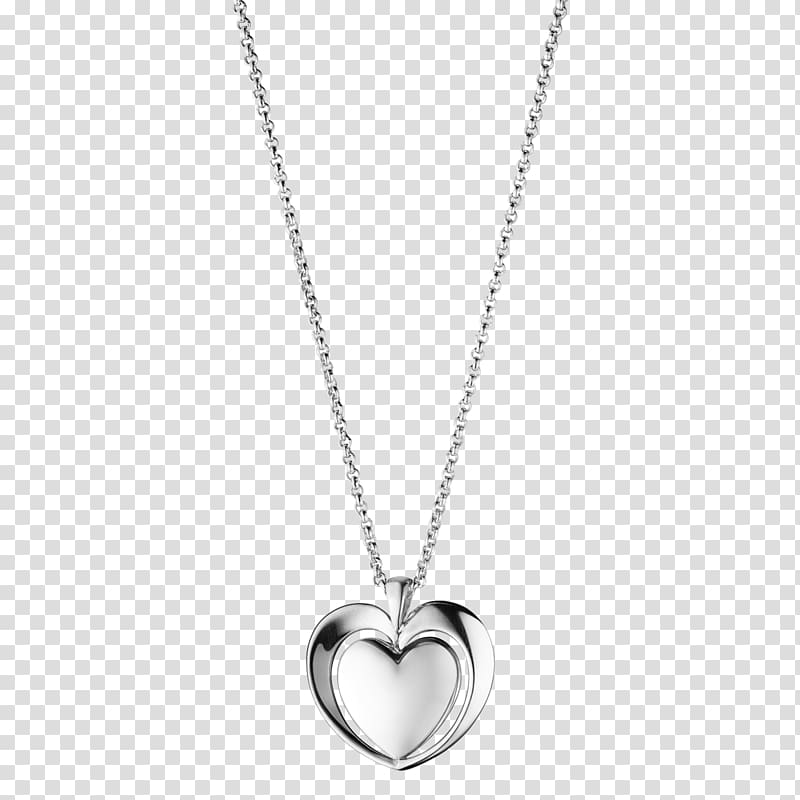 Silver heart-shaped pendant necklace with double-layered design on a delicate chain, isolated on transparent background.