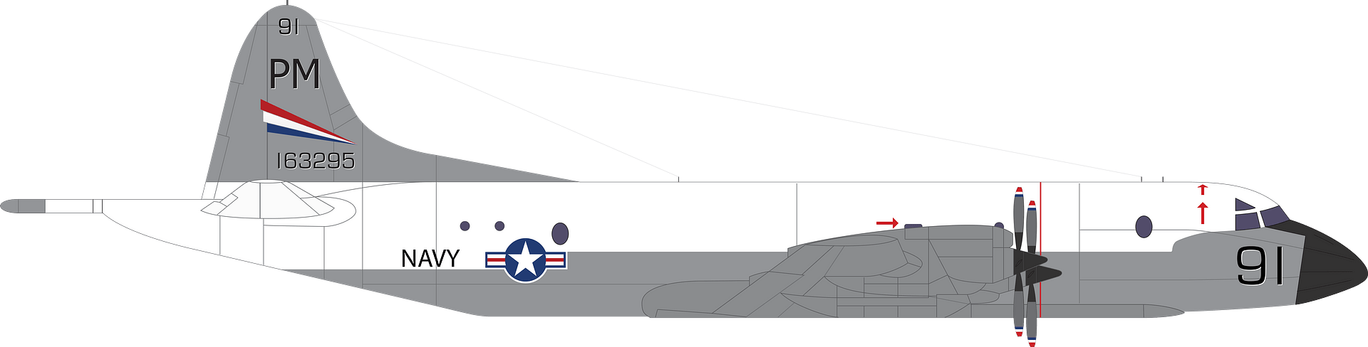 US Navy P-2 Neptune patrol aircraft side profile with markings "91", "PM", and serial 163295.