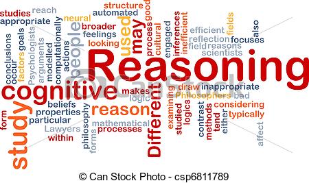 Word cloud visualizing "Reasoning" with related cognitive and philosophical terms in red, orange, and blue.