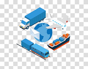 Isometric illustration of global logistics: truck, airplane, cargo ship, train, and Earth globe on transparent background.