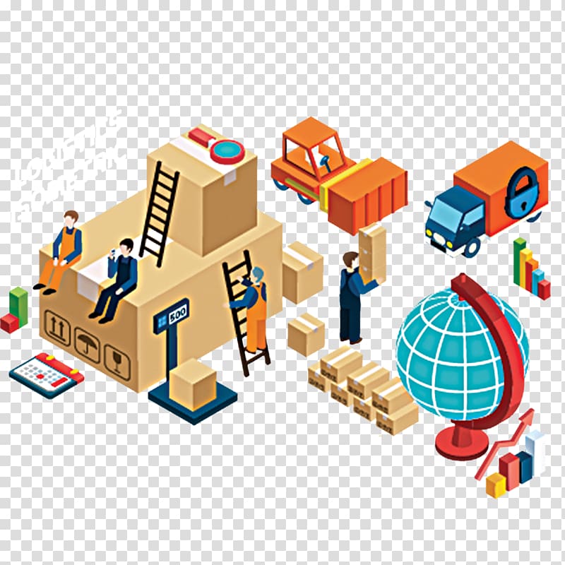 Isometric illustration of logistics operations: workers packing boxes, forklifts, delivery trucks, globe, and data charts.