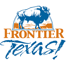 Frontier Texas! logo featuring a blue bison silhouette over an orange cityscape with bold typography.