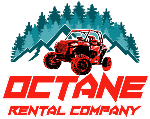 Red off-road utility vehicle in front of pine trees and mountains, logo for Octane Rental Company.