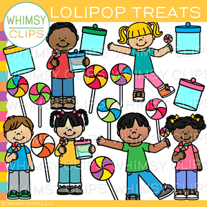 Diverse group of cartoon children holding colorful lollipops and treat containers, cheerful and playful illustration.
