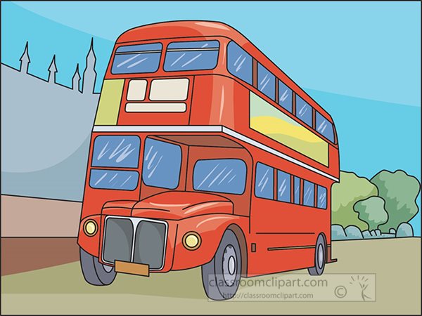 Classic red double-decker bus driving on a city street with green trees and buildings in background.