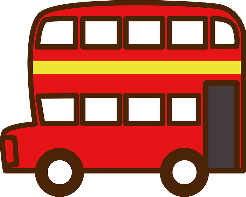 Red double-decker bus illustration with yellow stripe, brown trim, and white windows on gray background.