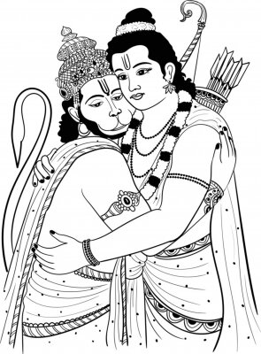 Rama and Hanuman in a tender embrace, traditional Indian line art with ornate attire and divine symbolism.