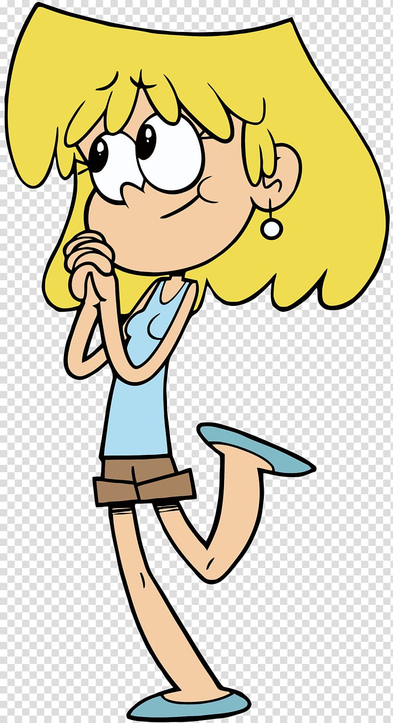 Cartoon girl with blonde hair, blue top, and brown shorts, standing on one leg with hands clasped, looking hopeful.