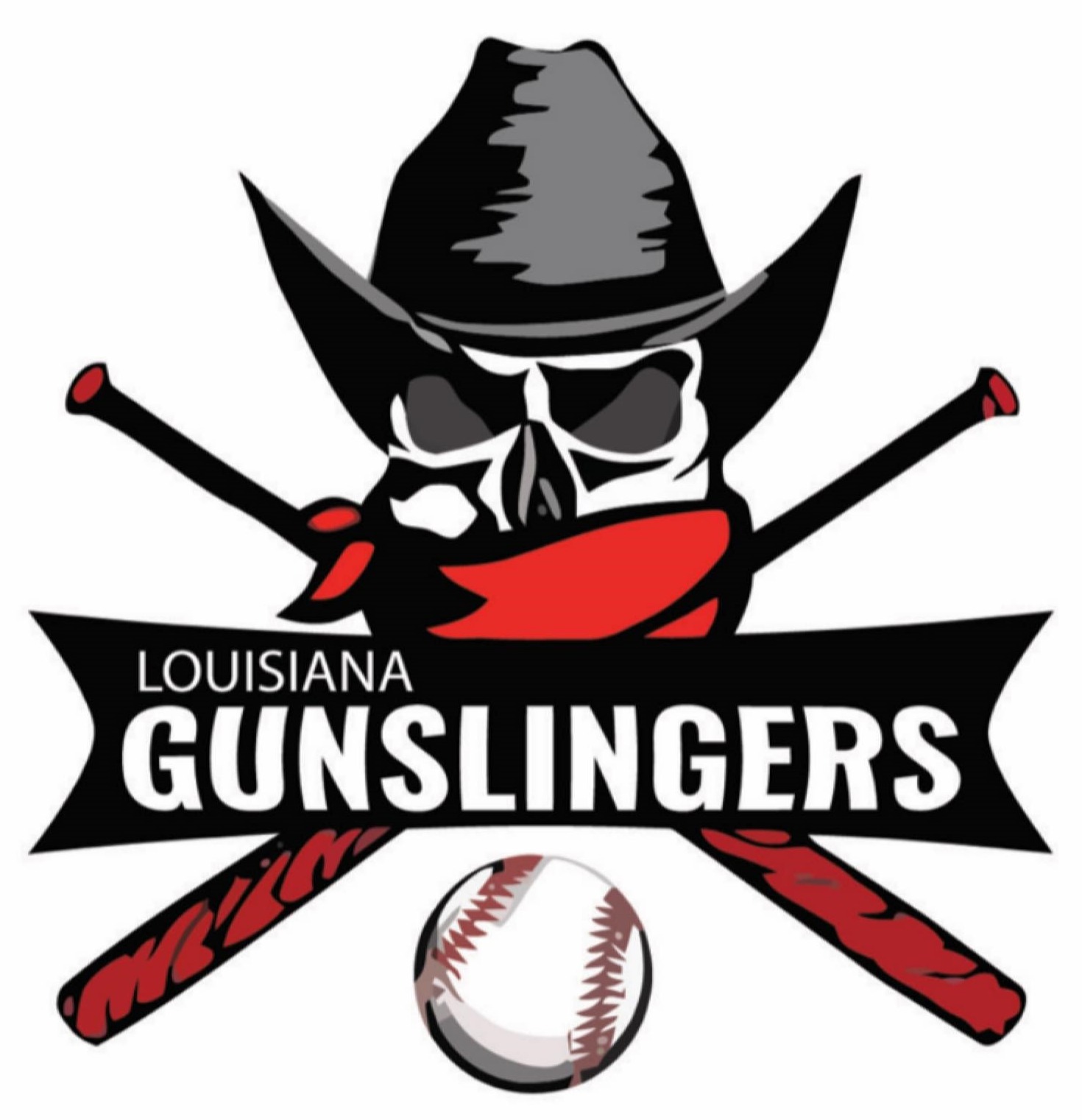 Louisiana Gunslingers logo featuring a skull in a cowboy hat, crossed bats, and a baseball.