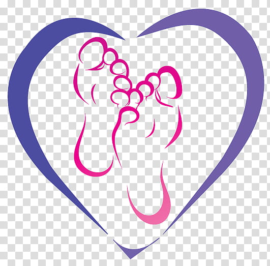 Purple heart outline with pink baby footprints inside, symbolizing love and new life.