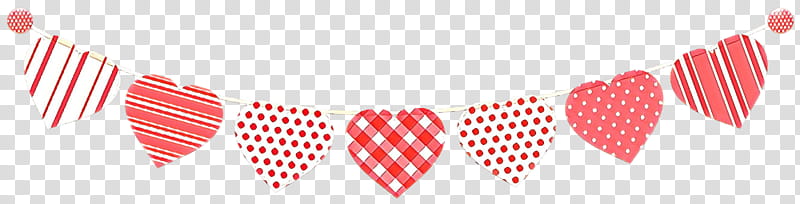 Red and white patterned heart-shaped paper garland with stripes, polka dots, and gingham, strung on a string for Valentine’s Day decor.