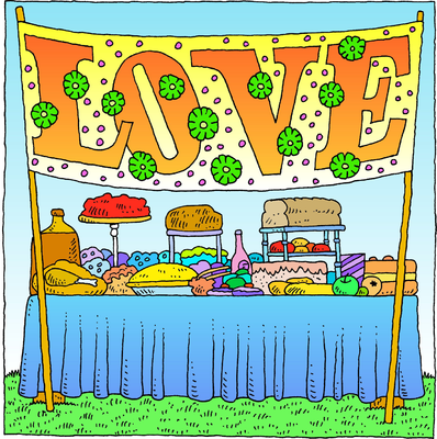 Colorful food stall under a banner spelling "LOVE" with green floral decorations and assorted baked goods and produce on display.