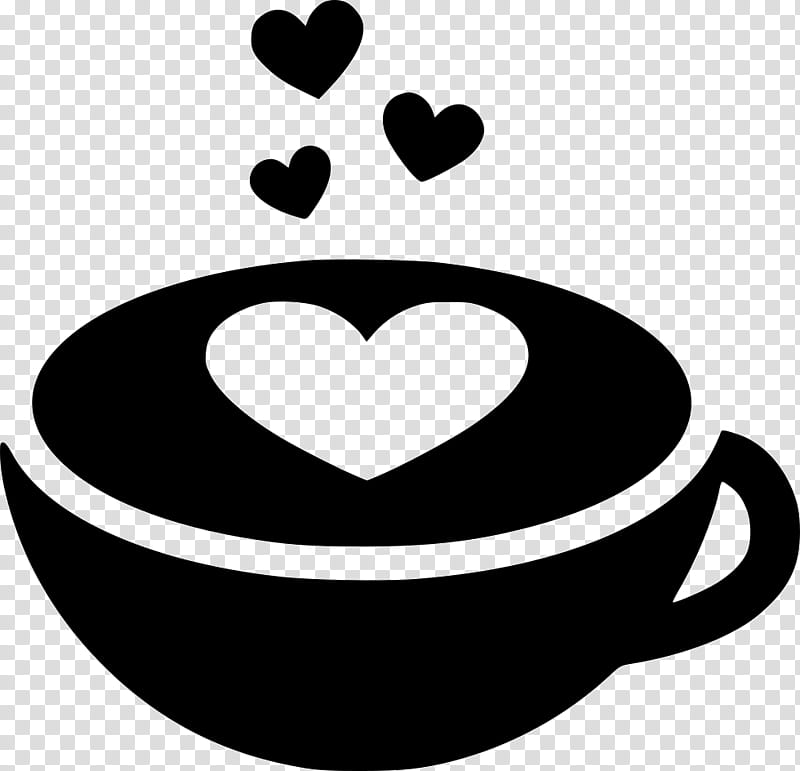 Black silhouette of a coffee cup with a heart-shaped latte art and floating hearts above.