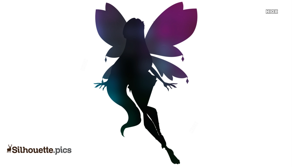 Silhouette of a fairy with gradient purple and teal wings, posed mid-flight against white background.