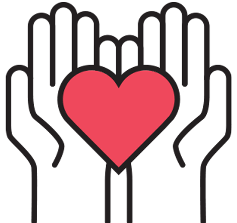 Two open hands gently cradling a red heart, symbolizing care, love, and support.
