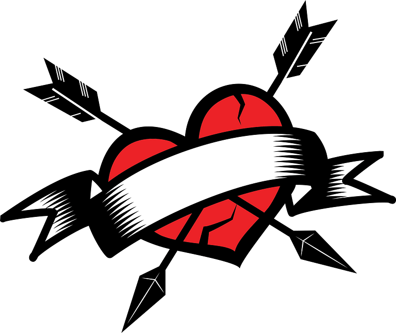 Tattoo-style broken red heart pierced by three black arrows with a blank banner across it.