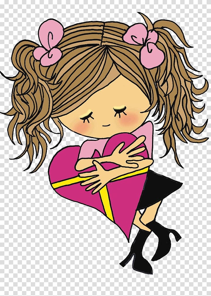 A cartoon girl with pigtails and pink bows hugs a large pink heart gift box with yellow ribbon.