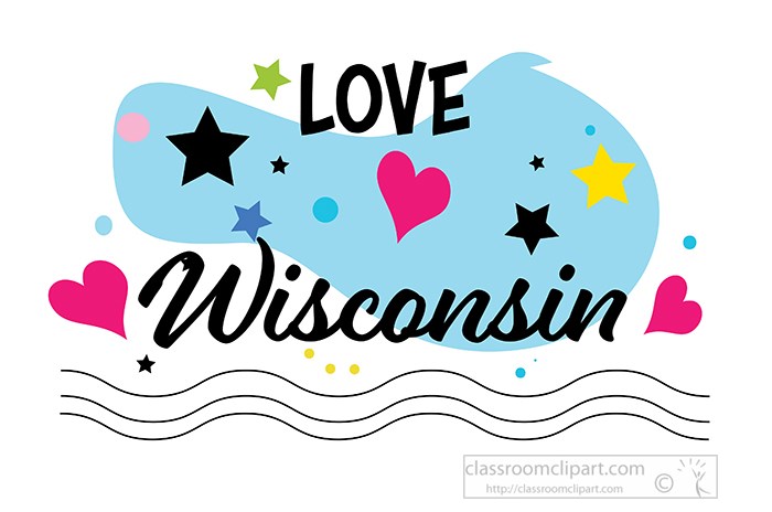 Colorful graphic with "LOVE Wisconsin" text, hearts, stars, and wavy lines on a light blue blob background.