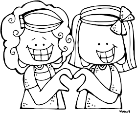 Two smiling cartoon girls with curly and straight hair form a heart shape with their hands.