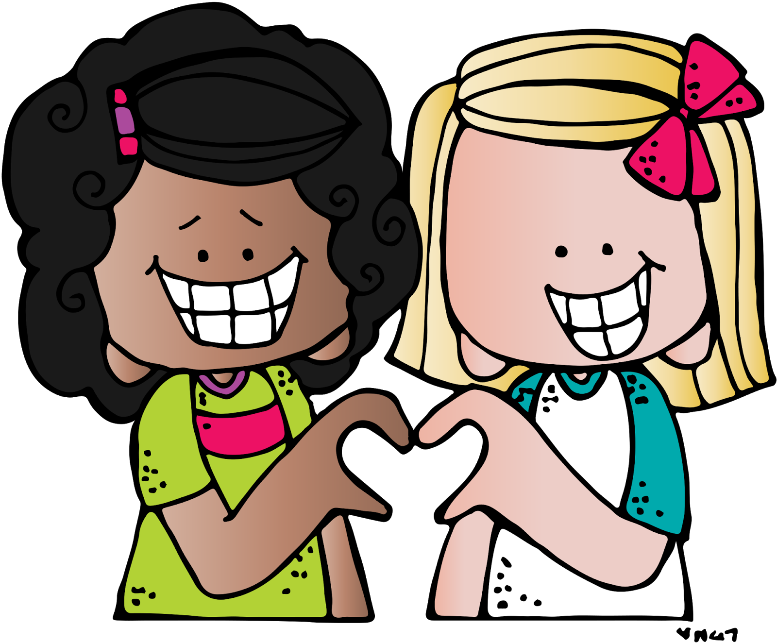 Two smiling diverse girls forming a heart shape with their hands.