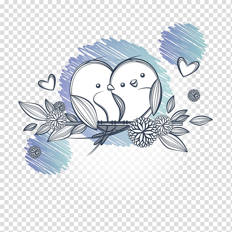 Two illustrated lovebirds perched on a floral branch with hearts and blue sketchy background.