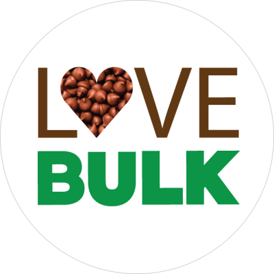 Love Bulk logo with heart-shaped cocoa beans inside the word "LOVE" and green "BULK" below.