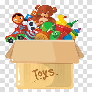 Cardboard box overflowing with colorful children’s toys including teddy bear, doll, car, and rubber duck.