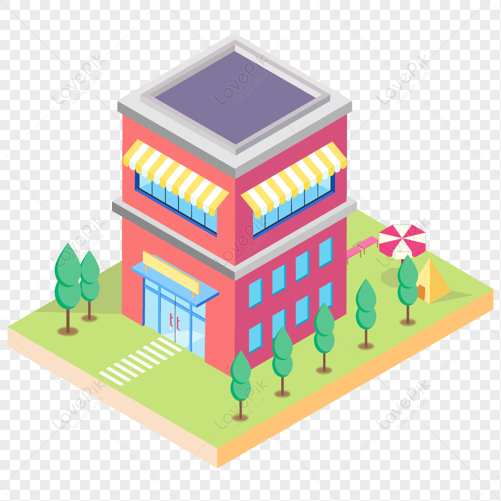 Isometric illustration of a two-story pink commercial building with striped awnings, trees, and a small park area.