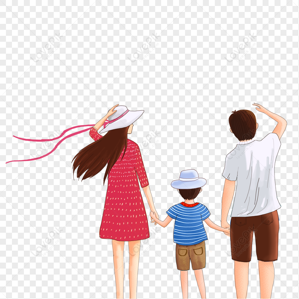 A family of three-mother, father, and child-holding hands and walking away, viewed from behind, with hats and summer clothes.