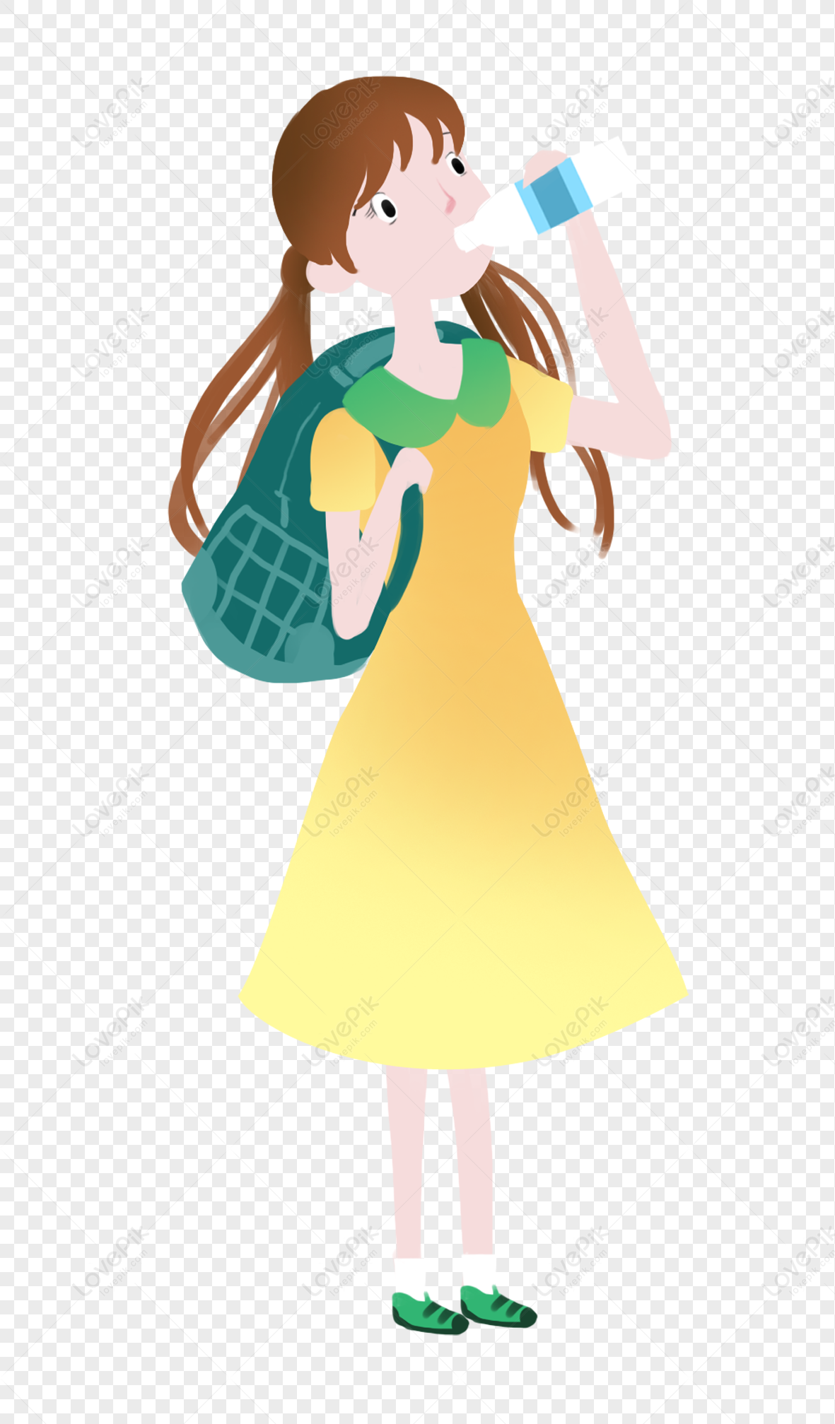 A cartoon girl in a yellow dress drinking water from a bottle while wearing a green backpack.