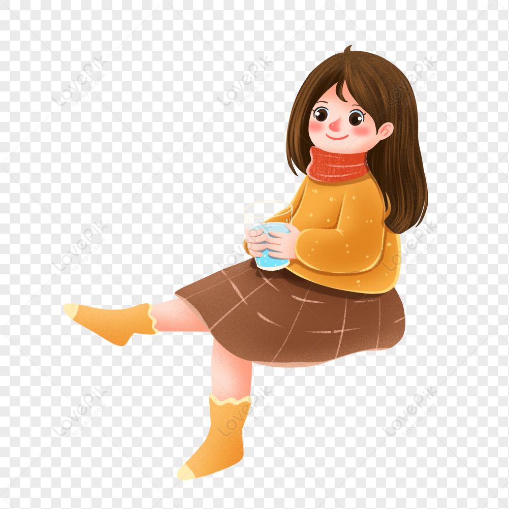 A smiling girl in a yellow sweater and brown skirt sits cross-legged, holding a glass of water, wearing orange socks.