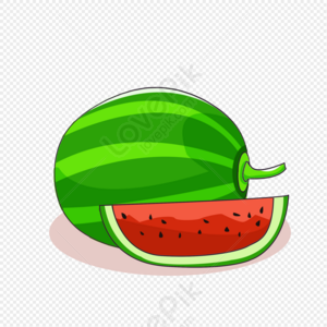 A whole green-striped watermelon with a red-fleshed slice cut out, showing black seeds and juicy texture.