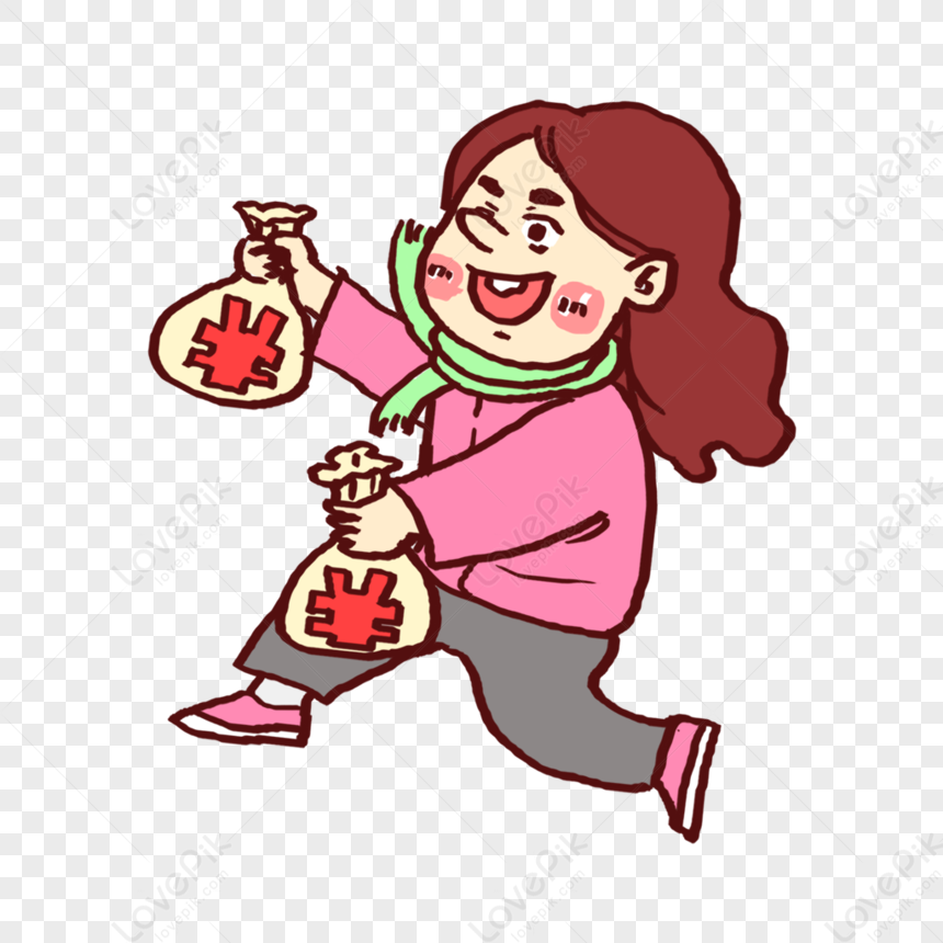 Happy woman running with two money bags featuring Chinese yuan symbols.
