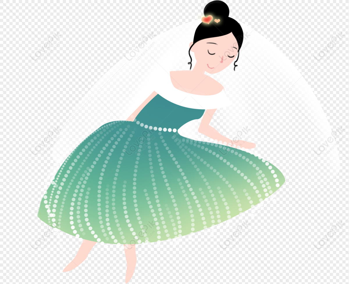 A smiling woman in a green gradient ball gown with white polka dots, hair in a bun adorned with hearts, sitting gracefully.
