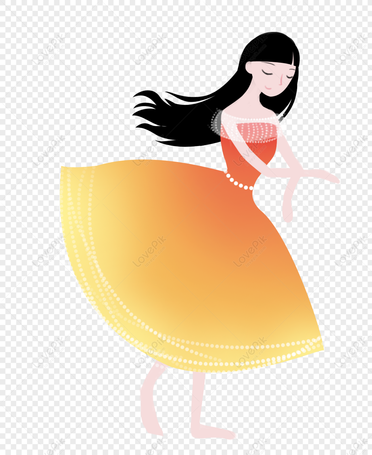 A graceful woman with long black hair dancing in a flowing orange-to-yellow gradient dress with pearl embellishments.
