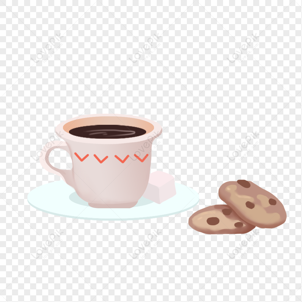 A pink ceramic mug filled with black coffee, served on a light blue saucer with a sugar cube and two chocolate chip cookies beside it.