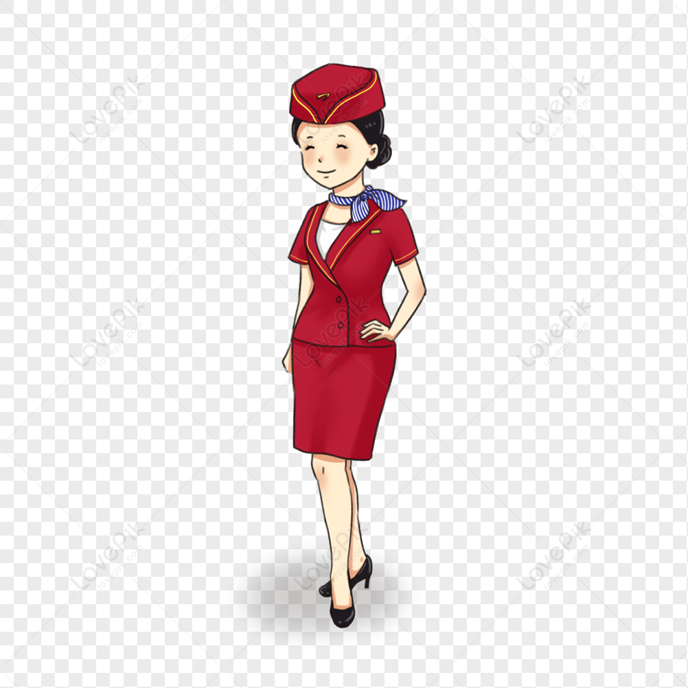 Smiling cartoon flight attendant in red uniform with blue scarf and cap, standing confidently with hand on hip.