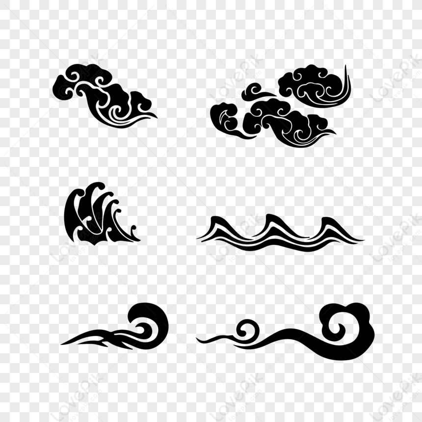 Six black-and-white traditional East Asian cloud and wave motifs on transparent background.