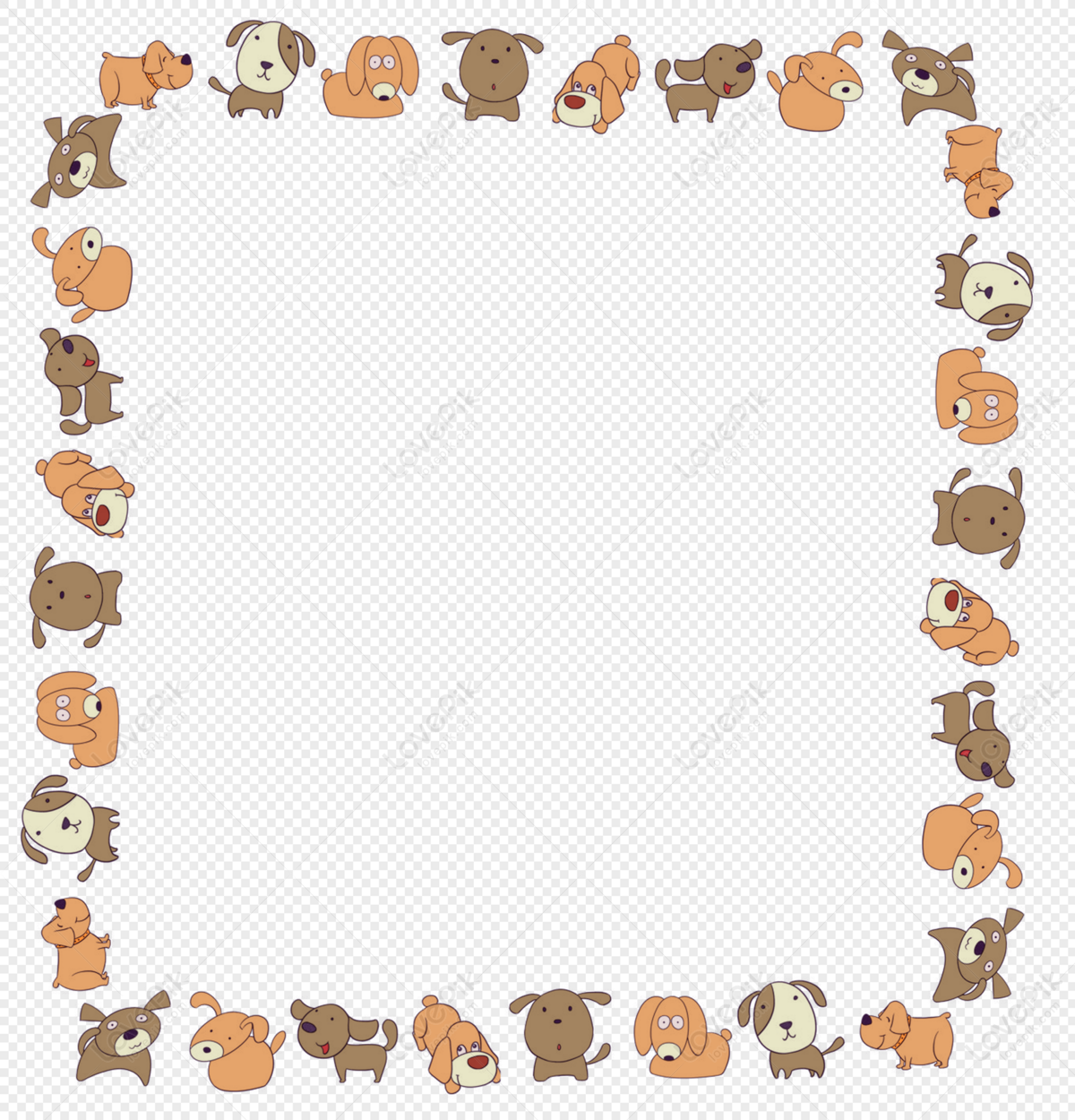 Cute cartoon dogs forming a square frame on transparent background, ideal for scrapbooking or pet-themed designs.