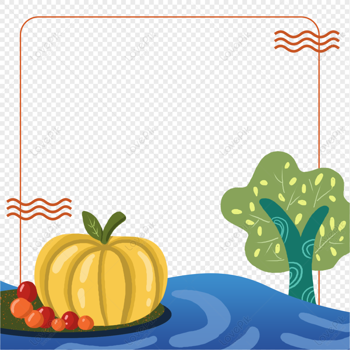 A cheerful autumn scene with a yellow pumpkin, red and orange berries, a green tree, and blue water, framed by orange wavy lines.