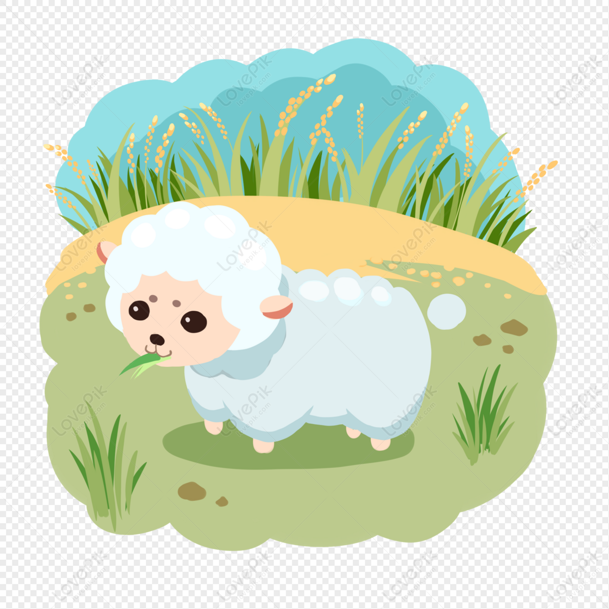 Cute cartoon sheep grazing on green grass with yellow flowers and blue sky background.