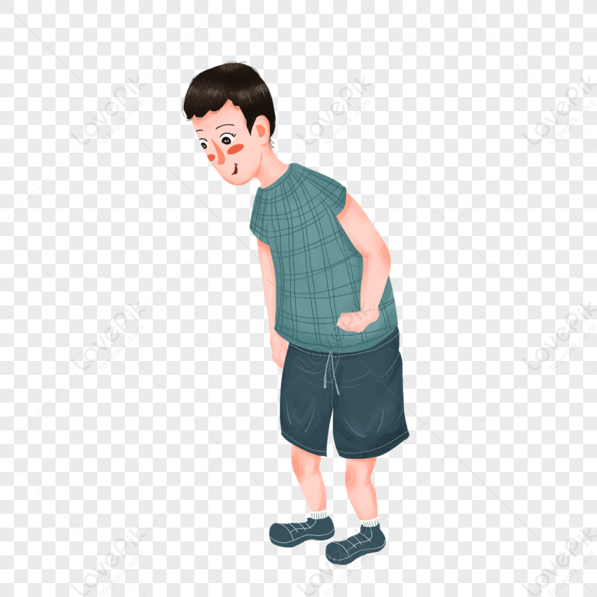 A cartoon boy in a green plaid shirt and dark shorts, leaning forward with a curious smile.