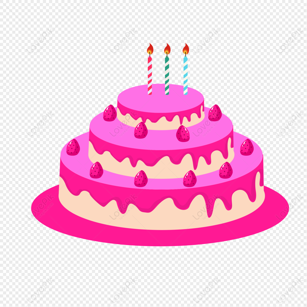 Three-tier pink birthday cake with strawberries and three lit candles on a transparent background.