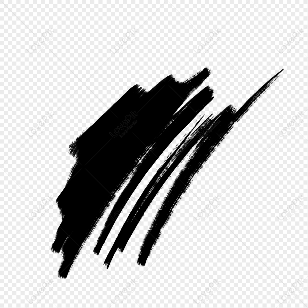 Black ink brushstroke graphic on transparent background, dynamic diagonal strokes with texture and edge variation.