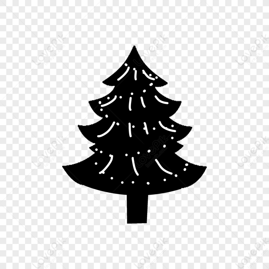 Black silhouette of a stylized Christmas tree with white decorative dots and lines on transparent background.