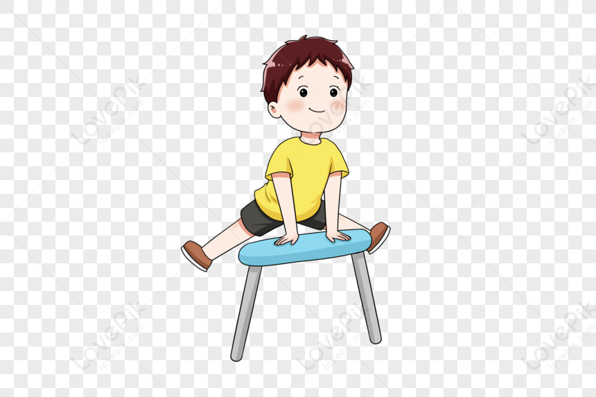 A smiling cartoon boy in a yellow shirt doing a split on a blue stool.