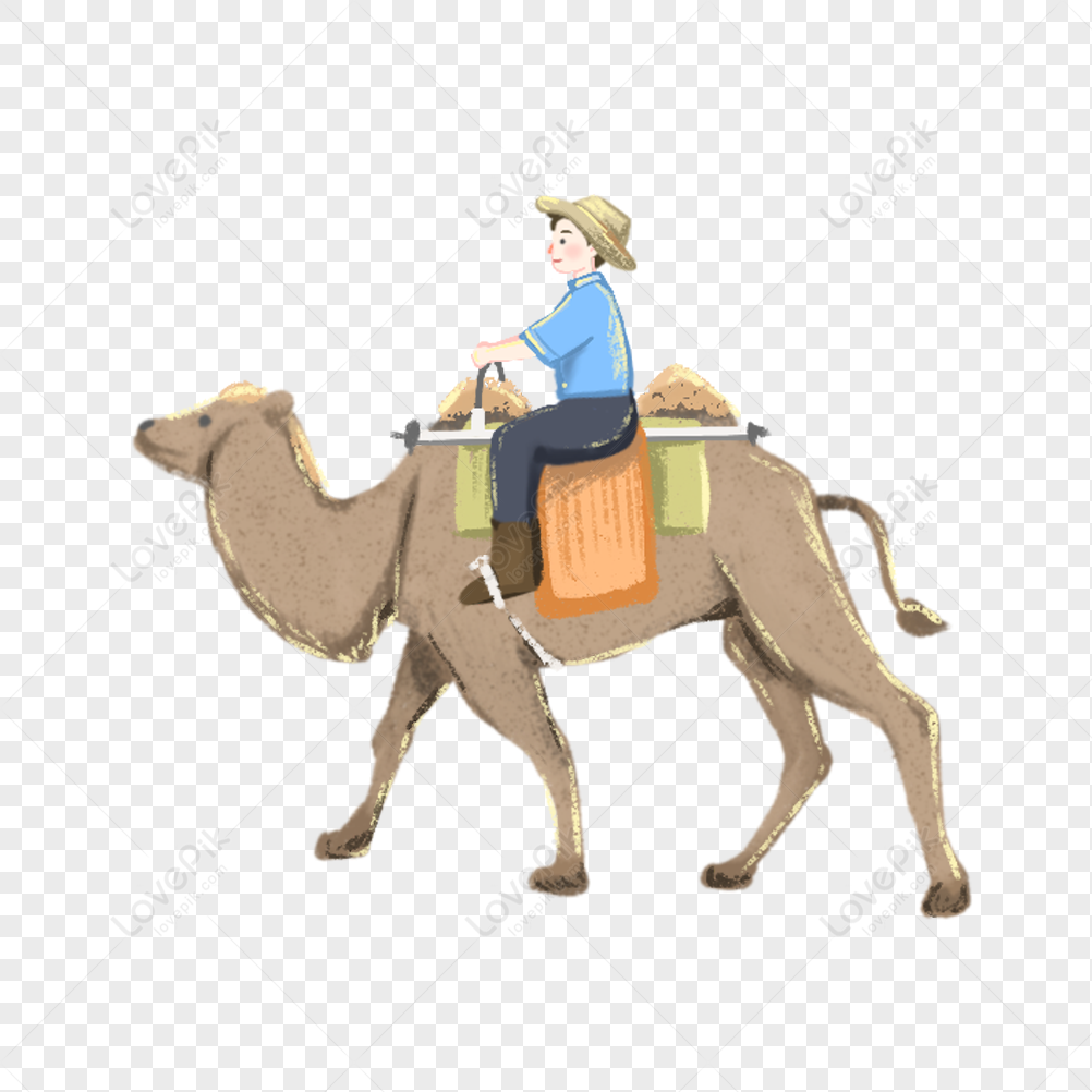 A smiling person in a straw hat rides a camel carrying sandbags, illustrated in soft watercolor style.