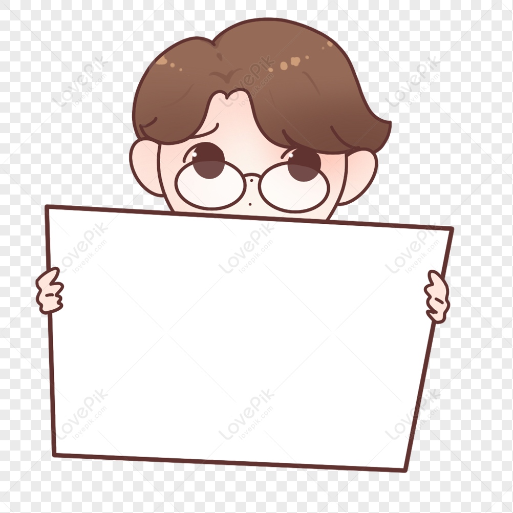 Cute cartoon boy with glasses holding a blank white sign, ideal for customizable messages or announcements.