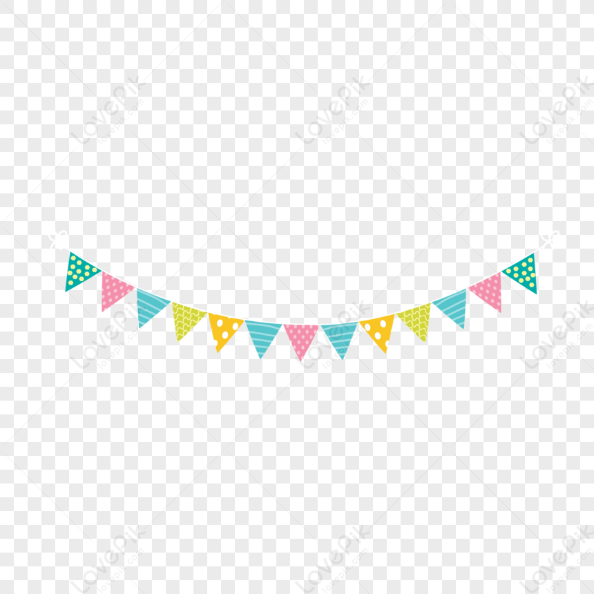 Colorful triangular bunting banner with polka dots, stripes, and chevrons in pastel teal, pink, yellow, and green on transparent background.